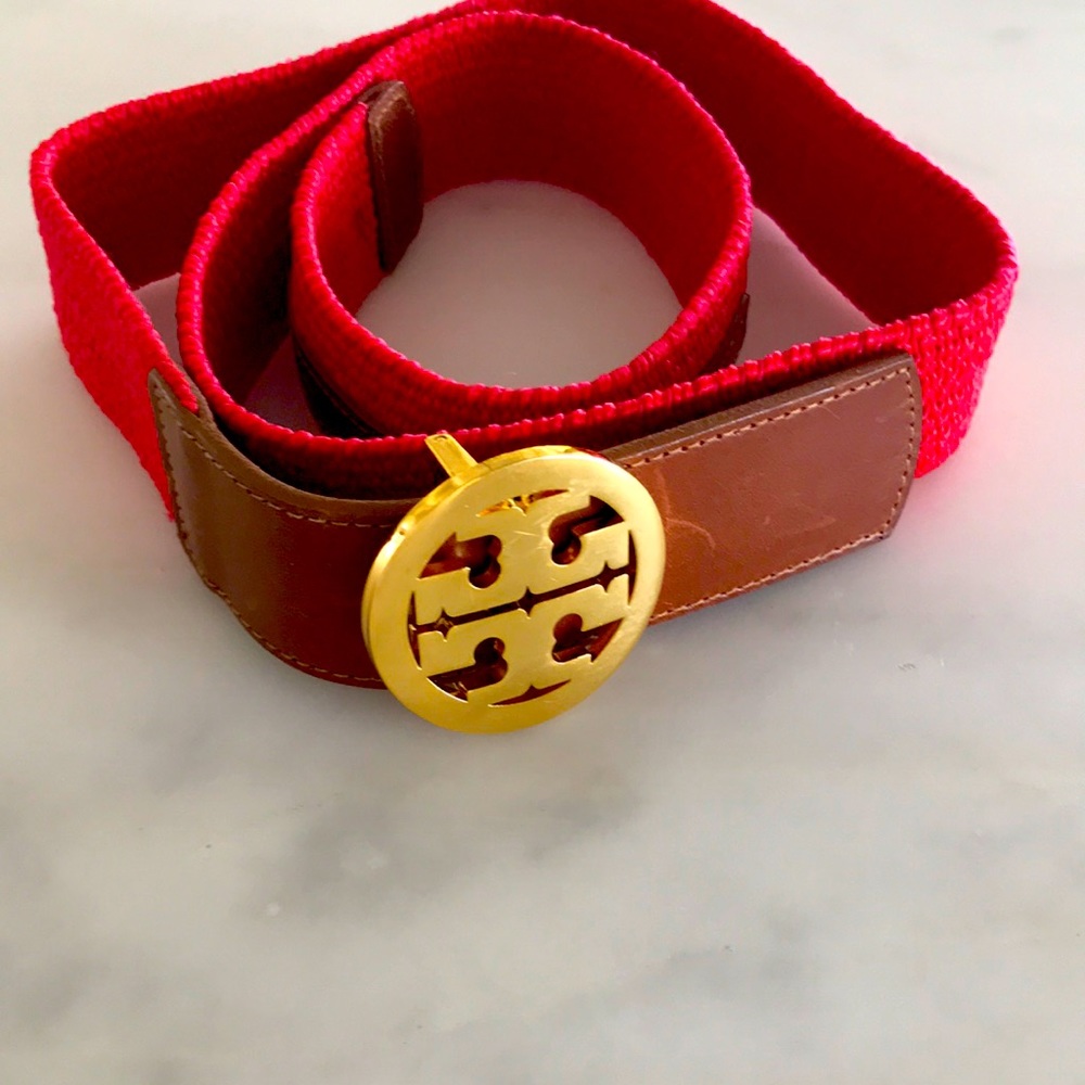 TORY BURCH red stretch belt with brown leather trim